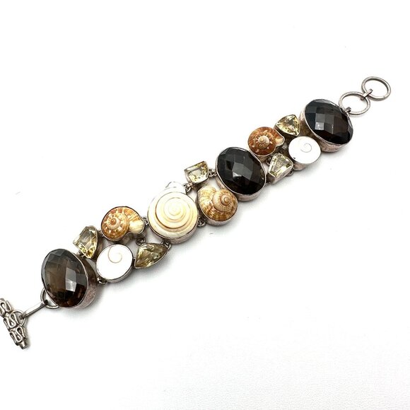 Big Smoky Topaz Citrine Ammonite Sterling Silver Bracelet 96 Grams 8.5 Inch - Picture 1 of 3